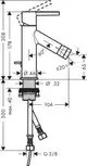 AXOR Einhebel-Bidetmischer mit Hebelgriff und Zugstangen-Ablaufgarnitur, dargestellt in technischer Zeichnung, mit verschiedenen Maßen und Details zur Montage.
